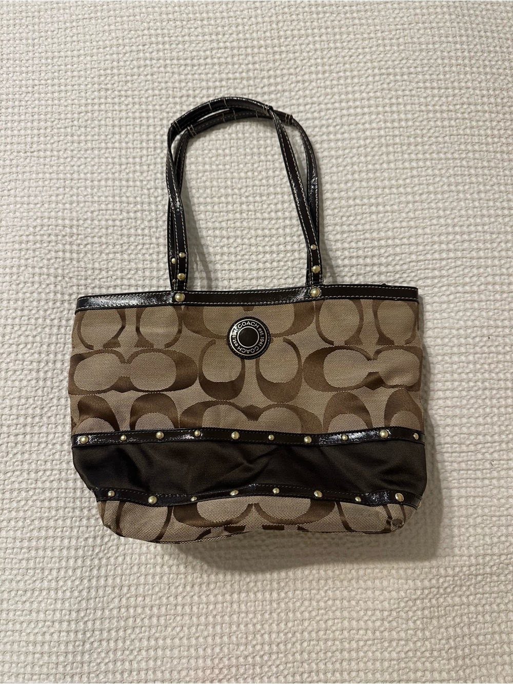 Coach Signature Studded Sateen Tote Brown Y2K Shoulder Bag